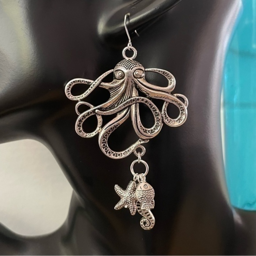 2/$29 Handmade Antiqued Metal Kraken Seahorse Starfish Statement Earrings Ocean